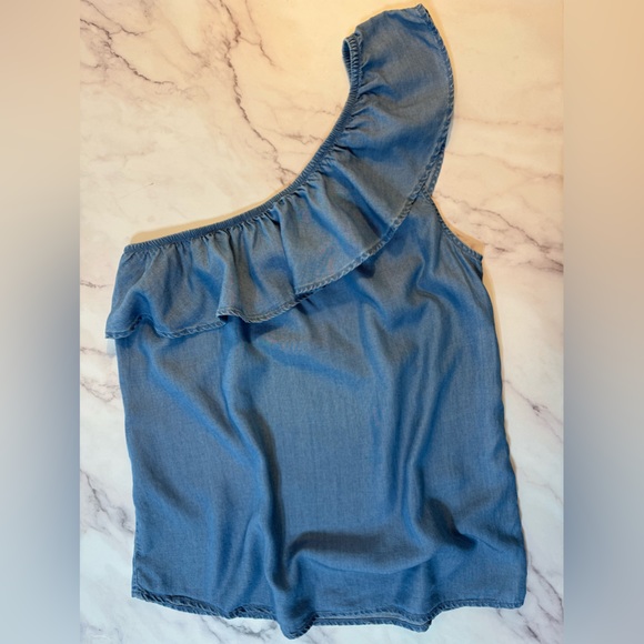 One Shoulder Ruffled Denim Top - Picture 6 of 8